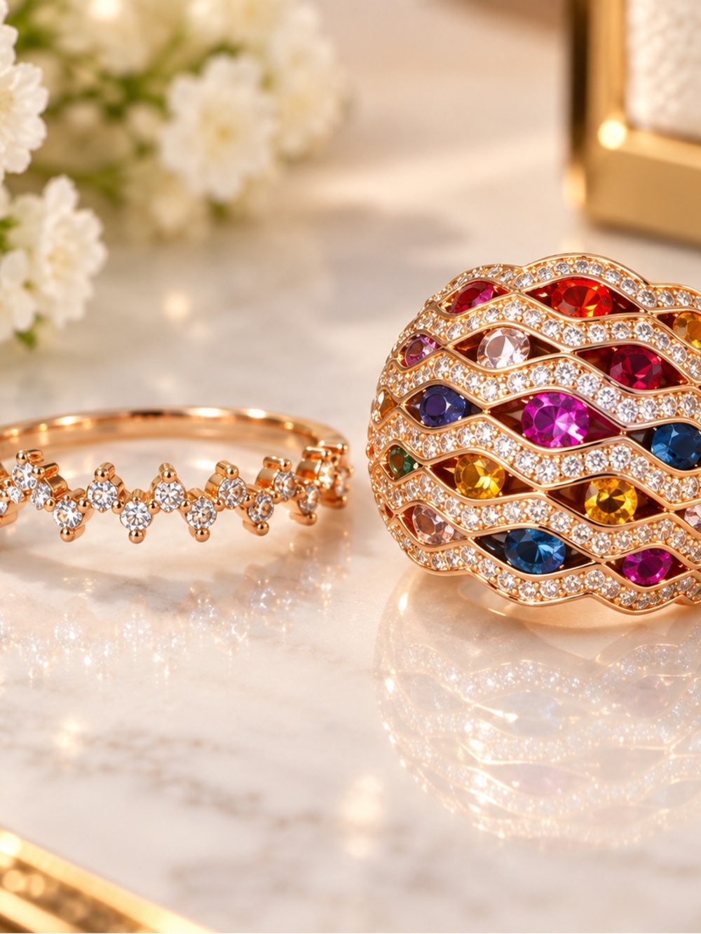 Gold Multicolor Crystal Dome Ring by